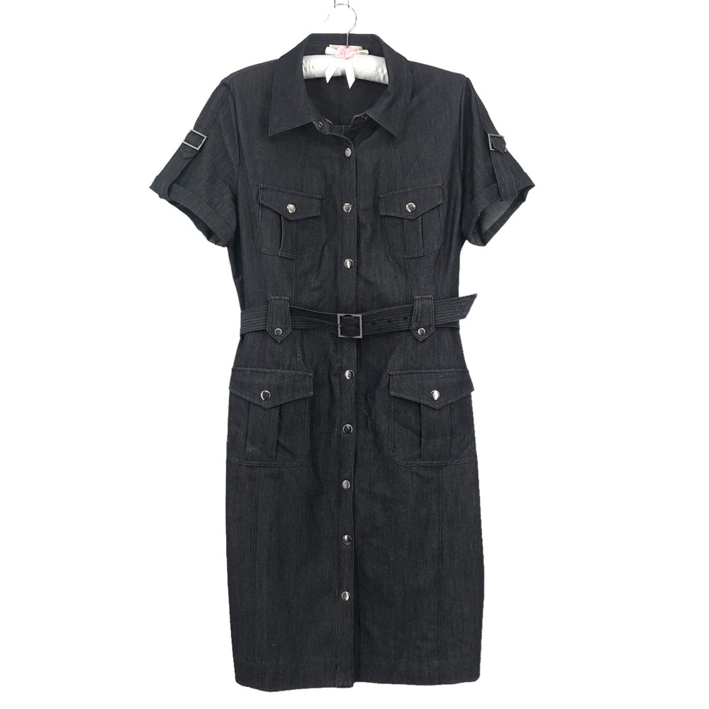 CALVIN KLEIN Snap Front Rolled Cuff Stretch Denim Belted Shirt Dress Size 10